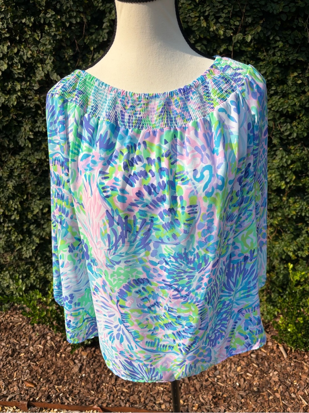 Lilly Pulitzer Pastel Floral Smocked Boatneck Top